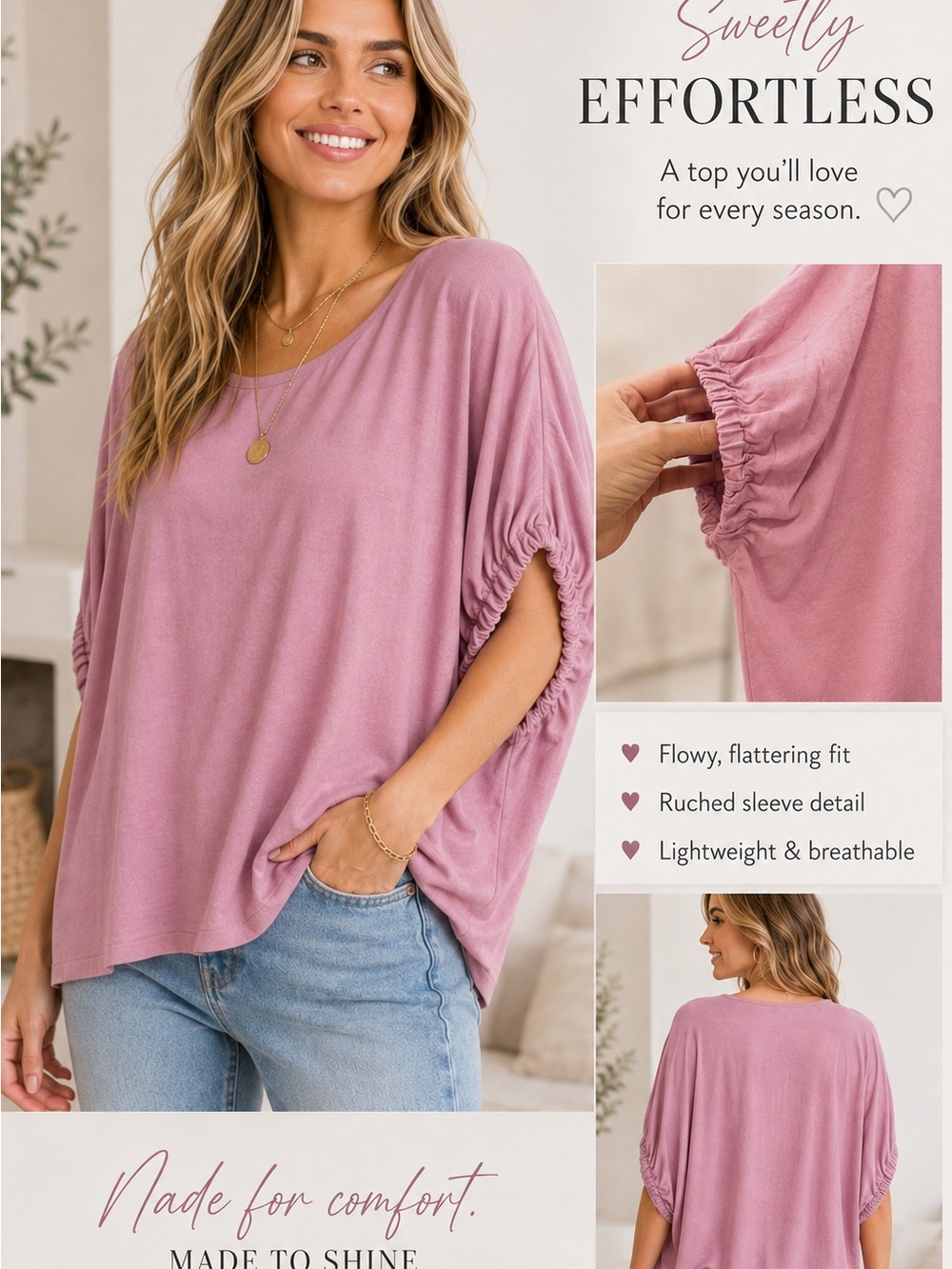 Zenana Mauve Ruched Sleeve Oversized Flowy Top Blouse Small New Minimalist
